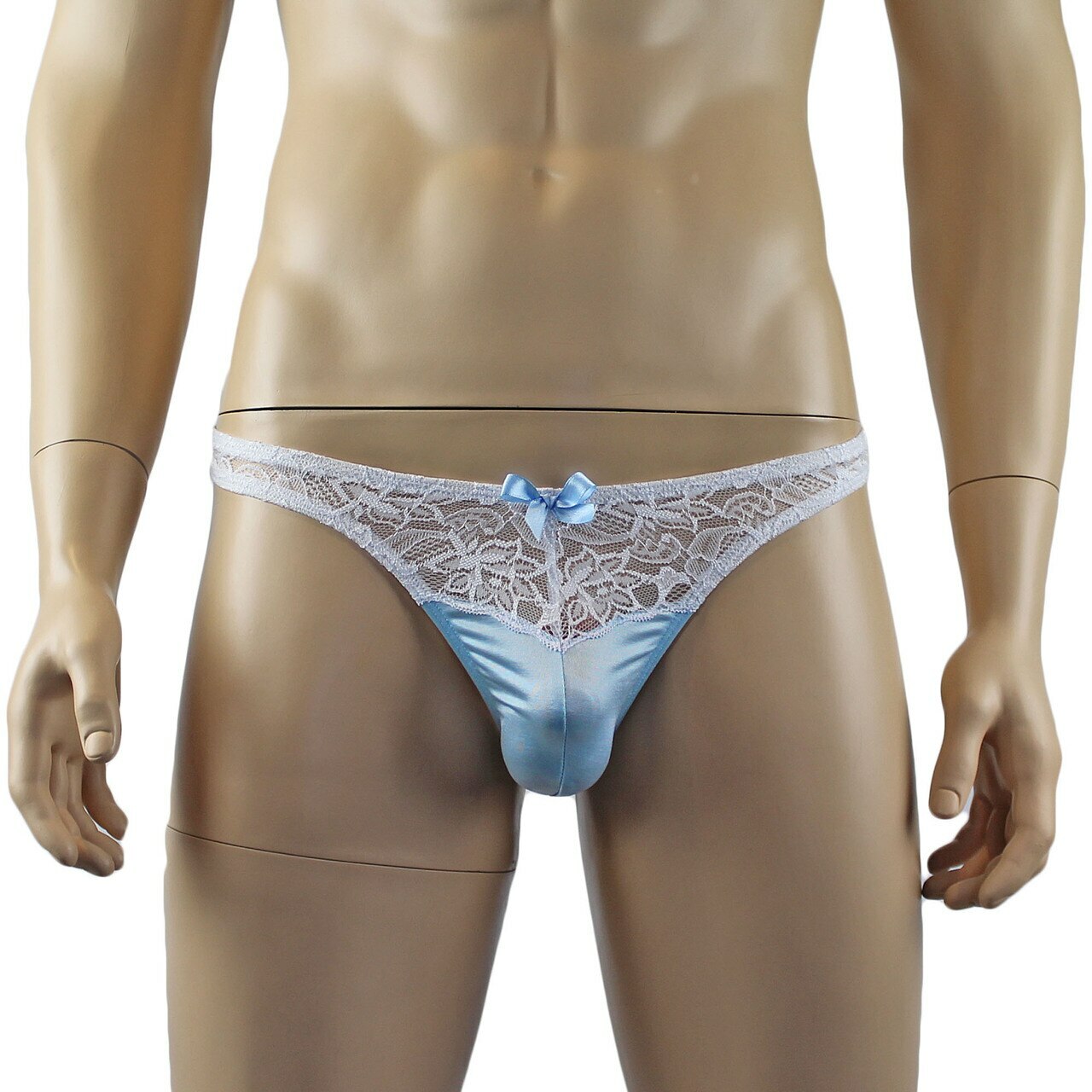 Mens Joanne Camisole Bustier Garter Top with Thong & Stockings - Sizes up to 3XL Light Blue and White Lace