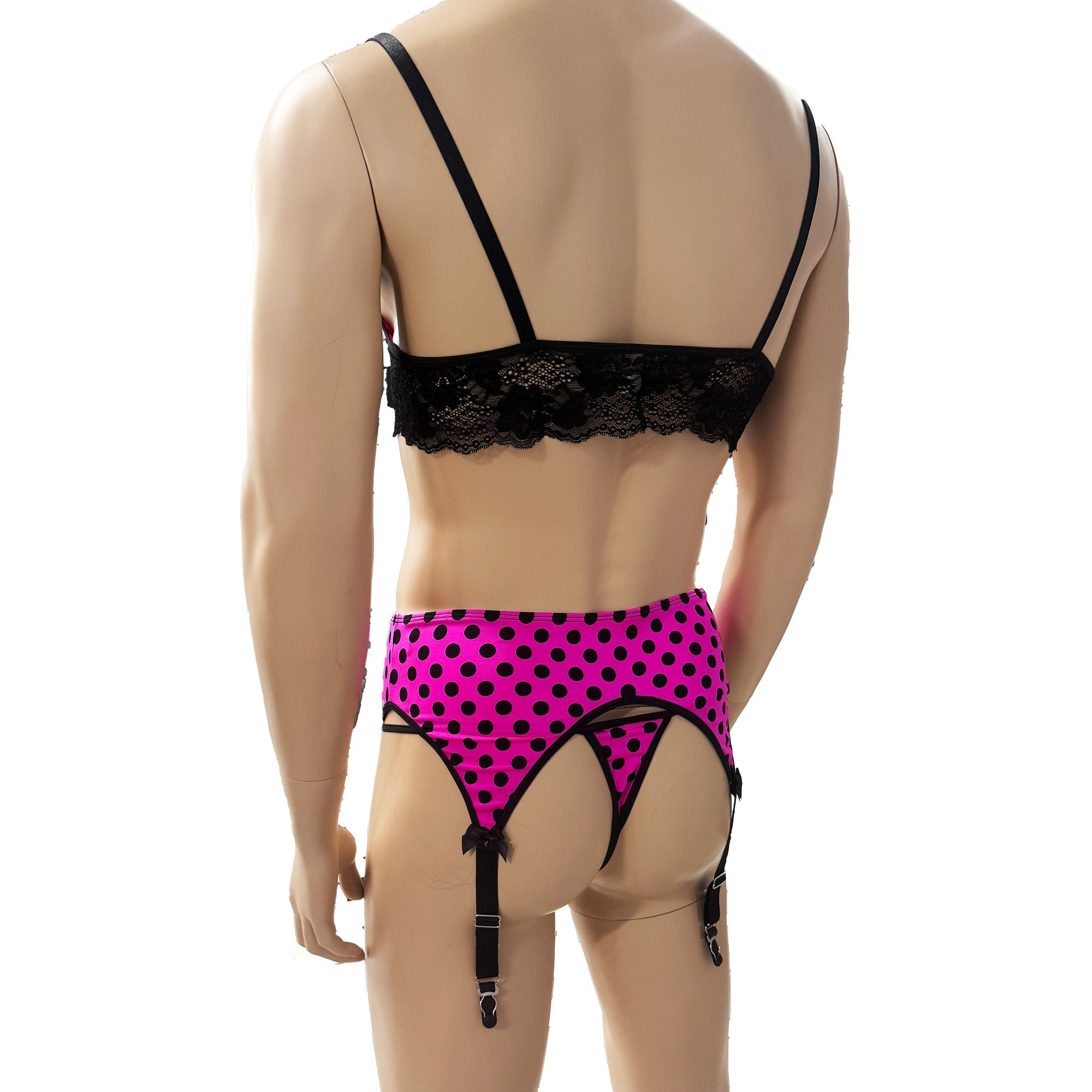 Mens Hot Pink Polka Dot & Lace Bra Top with G string & Garterbelt