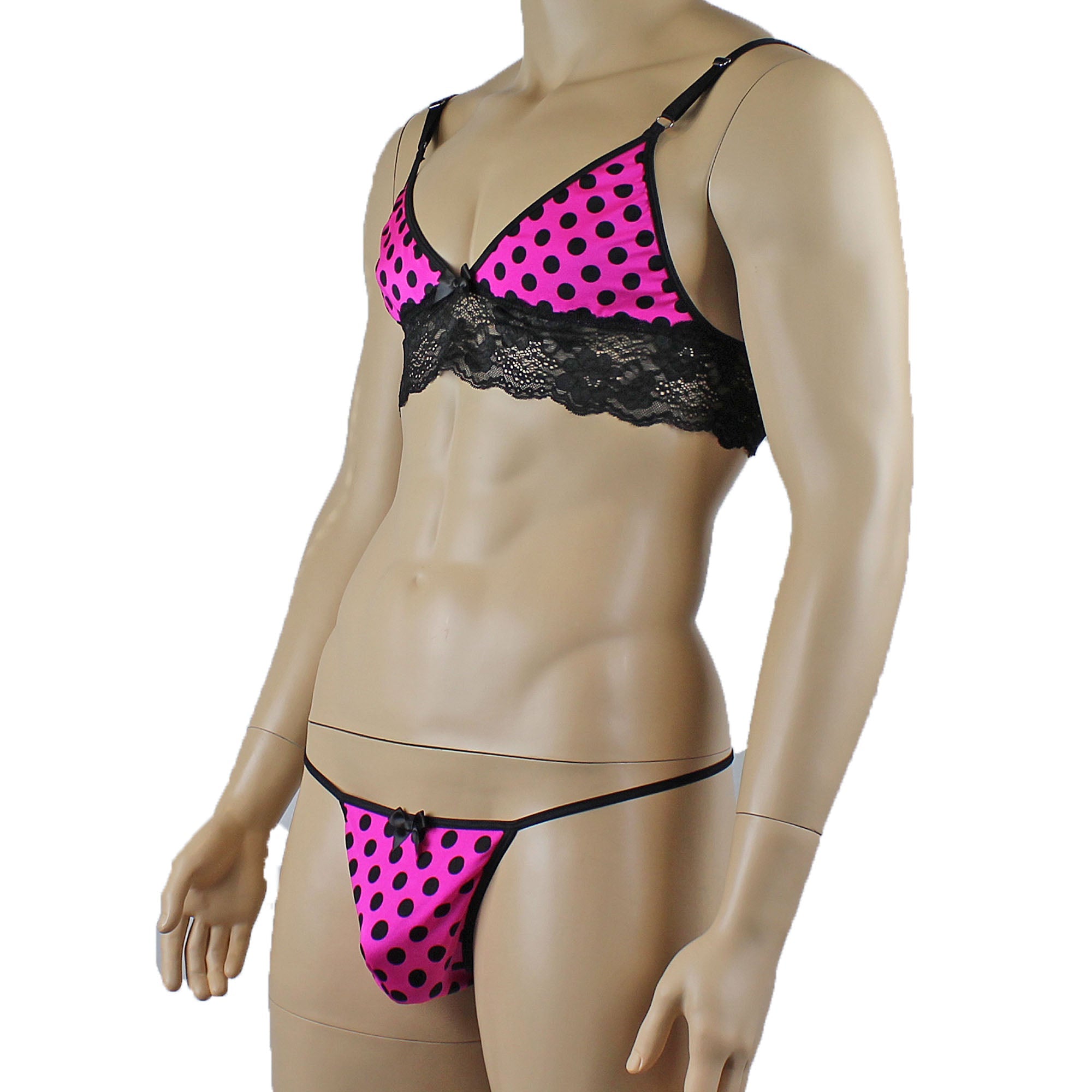 Mens Hot Pink Polka Dot & Lace Bra Top with Matching G string