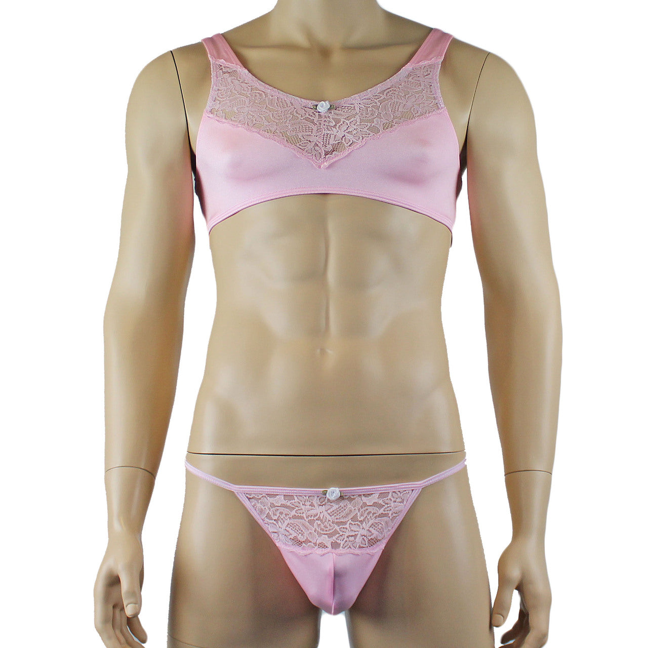 Male Penny Lingerie Bra Top with V Lace front and Pouch G string Light Pink