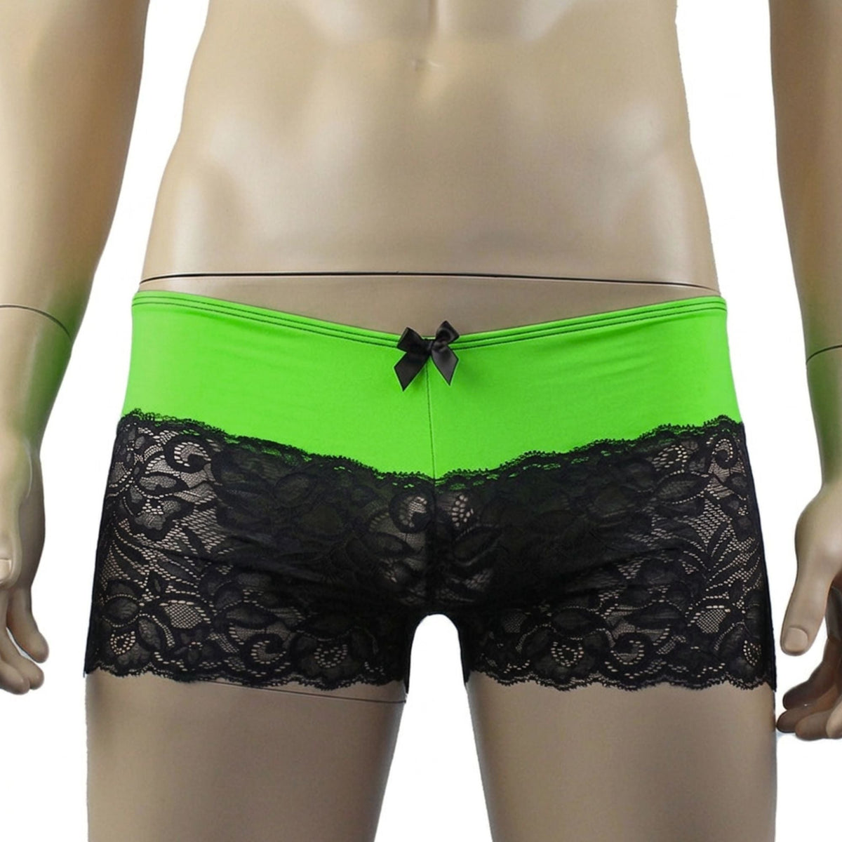 Mens Risque Bra Top, Boxer Briefs with Detachable Garters & Stockings Neon Green & Black Lace