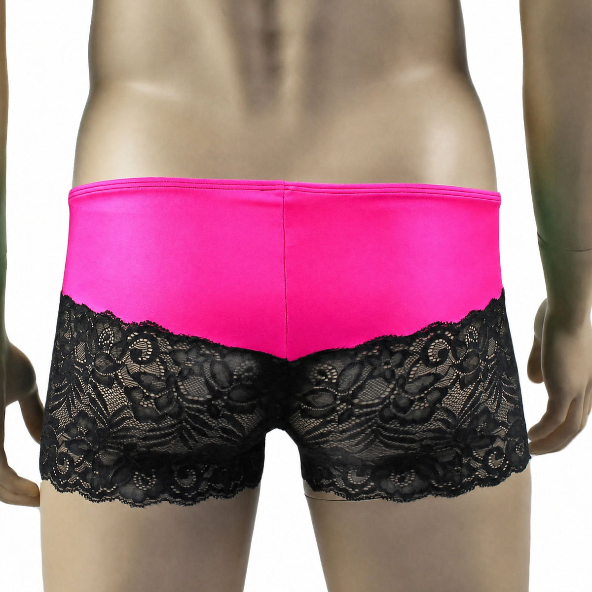 Mens Risque Bra Top, Boxer Briefs with Detachable Garters & Stockings Neon Pink & Black Lace