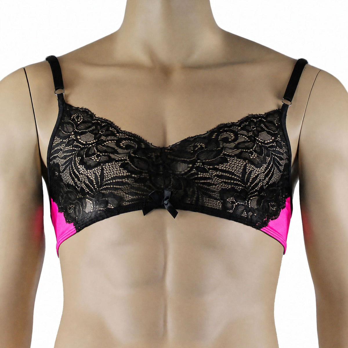 Mens Risque Bra Top with Wide Floral Lace Neon Pink & Black Lace