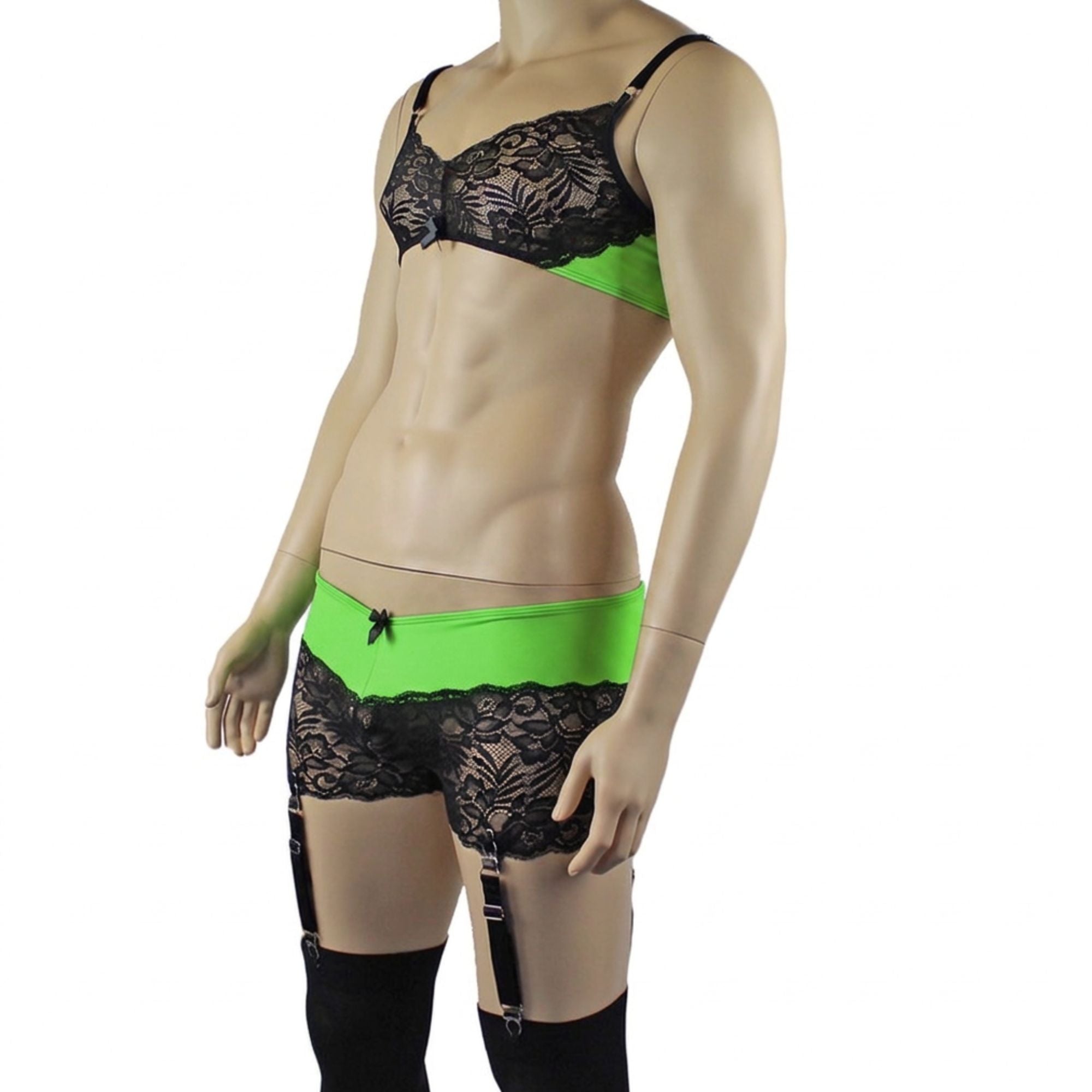 Mens Risque Bra Top, Boxer Briefs with Detachable Garters & Stockings Neon Green & Black Lace