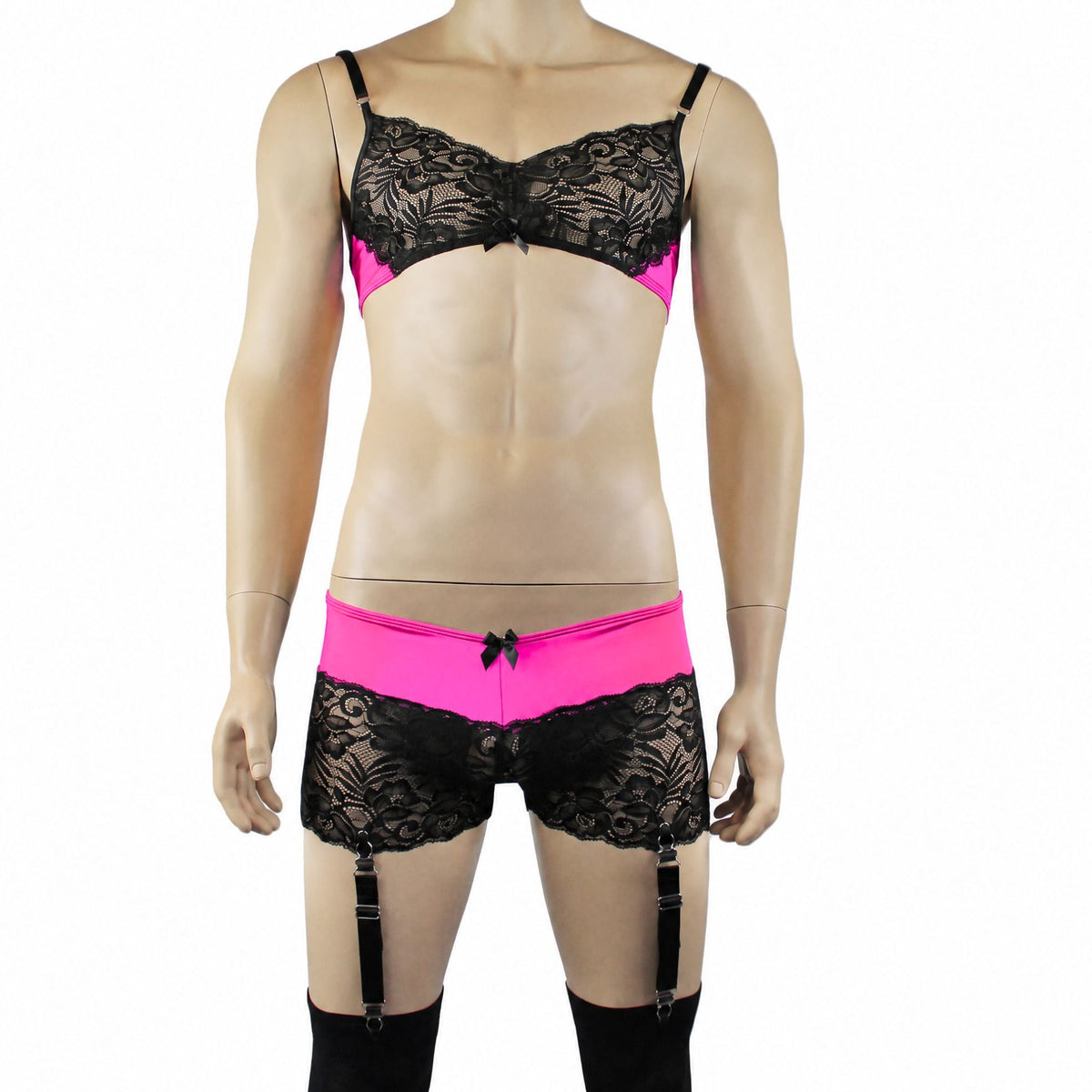 Mens Risque Bra Top, Boxer Briefs with Detachable Garters & Stockings Neon Pink & Black Lace