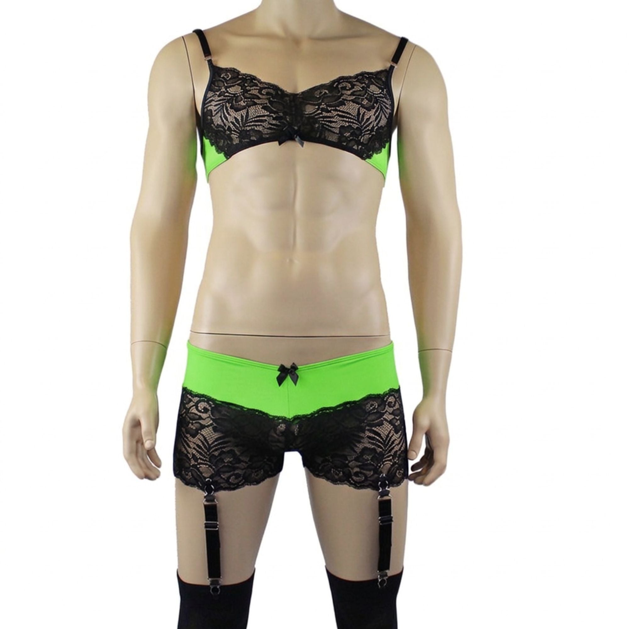 Mens Risque Bra Top, Boxer Briefs with Detachable Garters & Stockings Neon Green & Black Lace