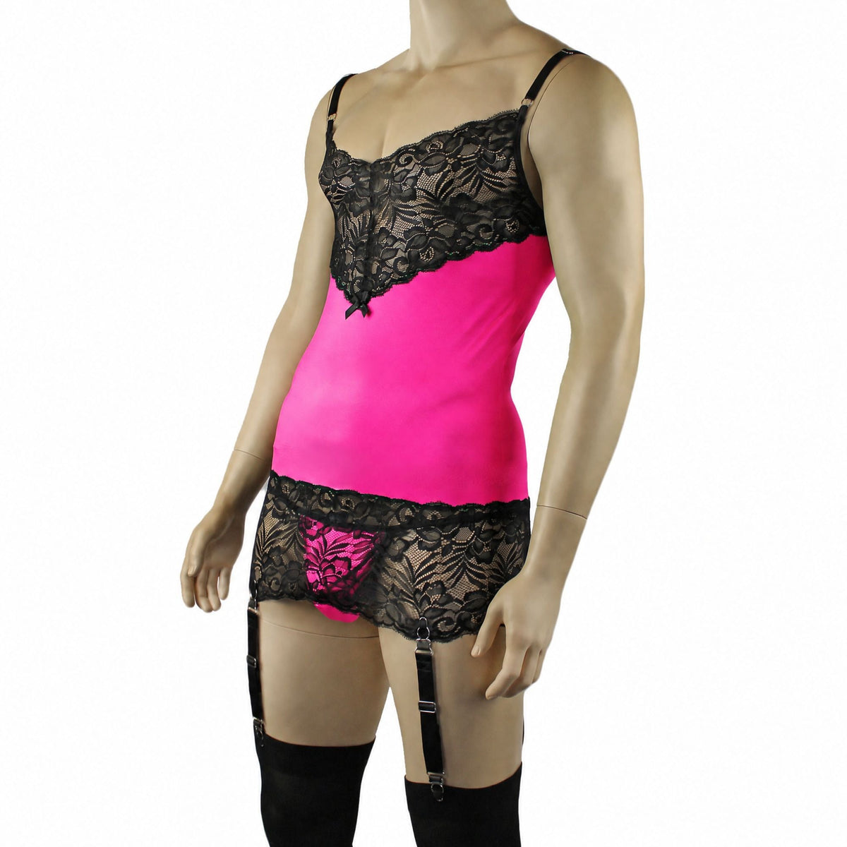 Mens Risque Camisole Mini Dress Chemise, G string & Stockings Neon Pink & Black