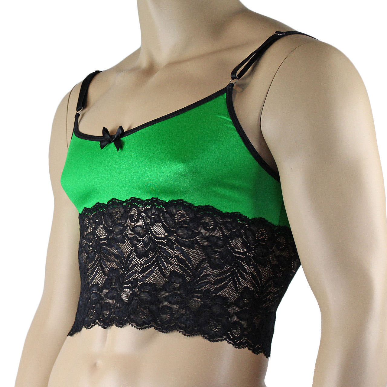 Mens Risque Camisole Bra Top with Wide Lace Trim (green and black lace plus other colours)