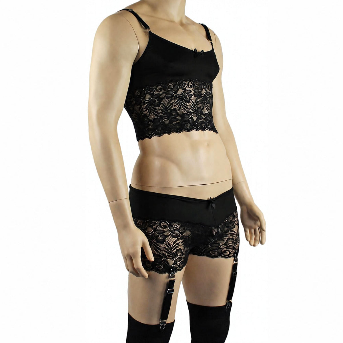 Mens Risque Camisole Top Boxer Briefs with Garters Black & Black Lace