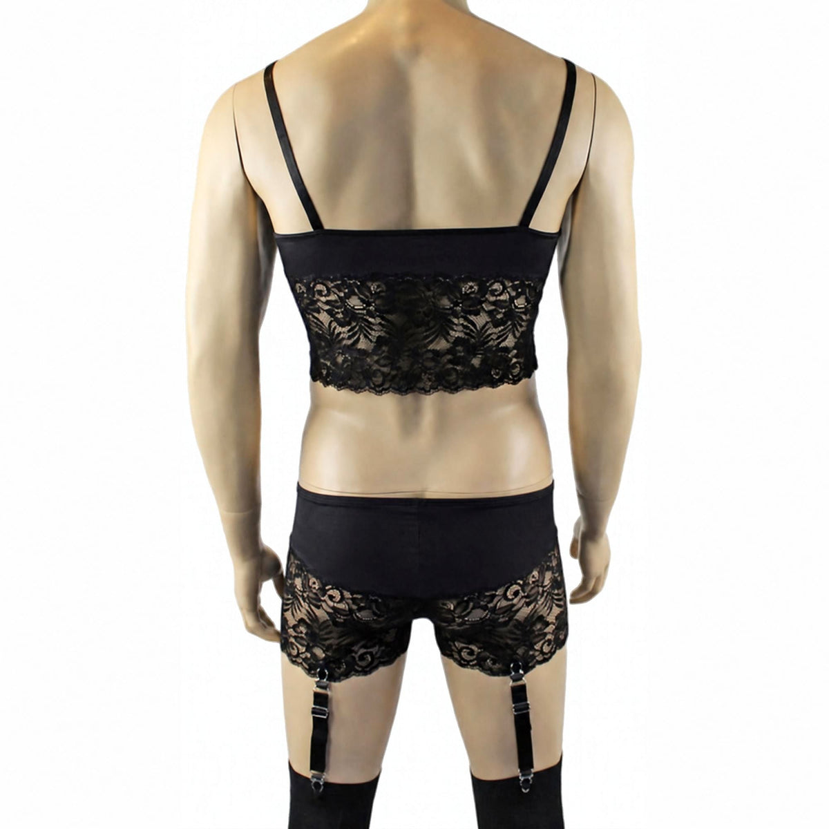 Mens Risque Camisole Top Boxer Briefs with Garters Black & Black Lace