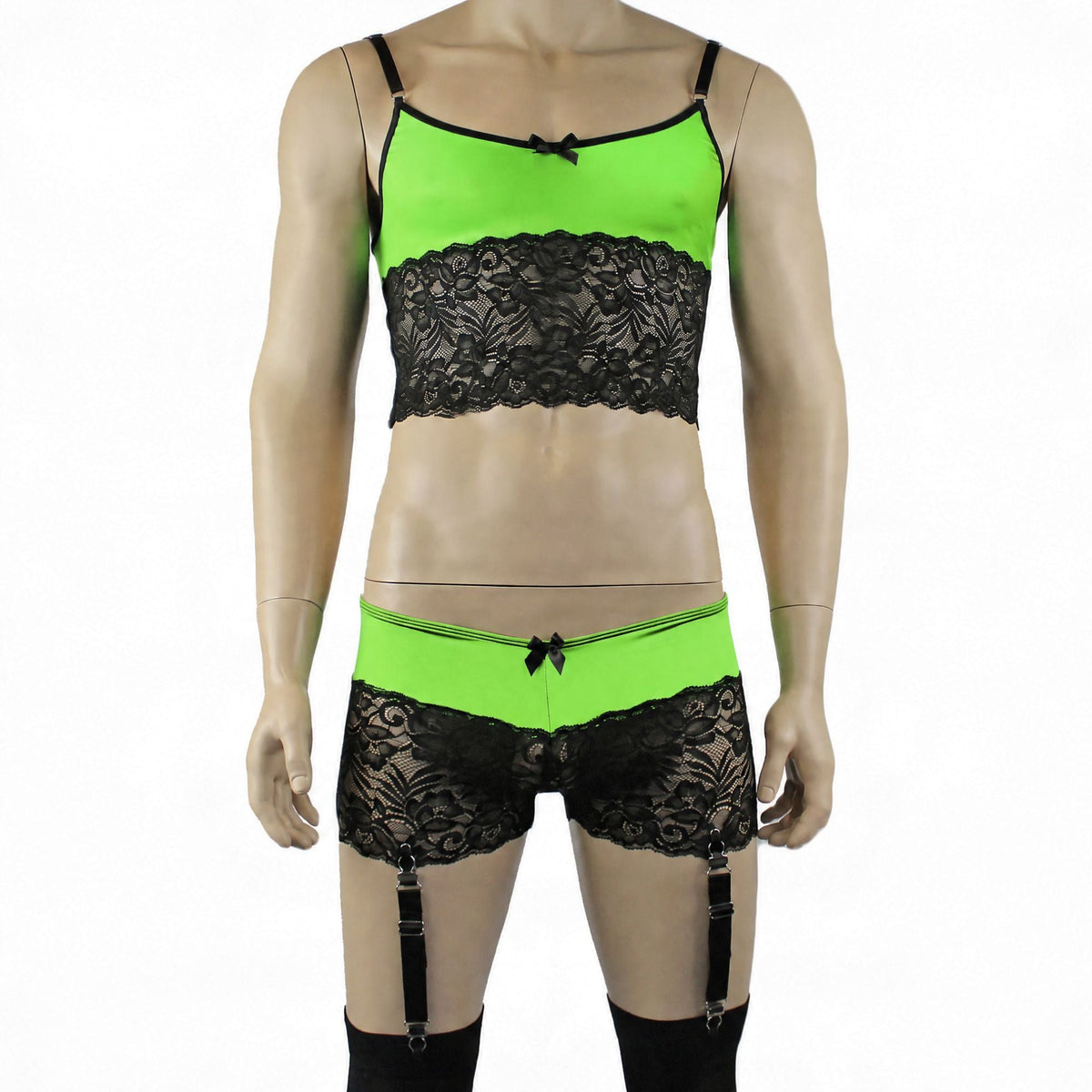 Mens Risque Camisole Top Boxer Briefs with Garters Neon Green & Black Lace