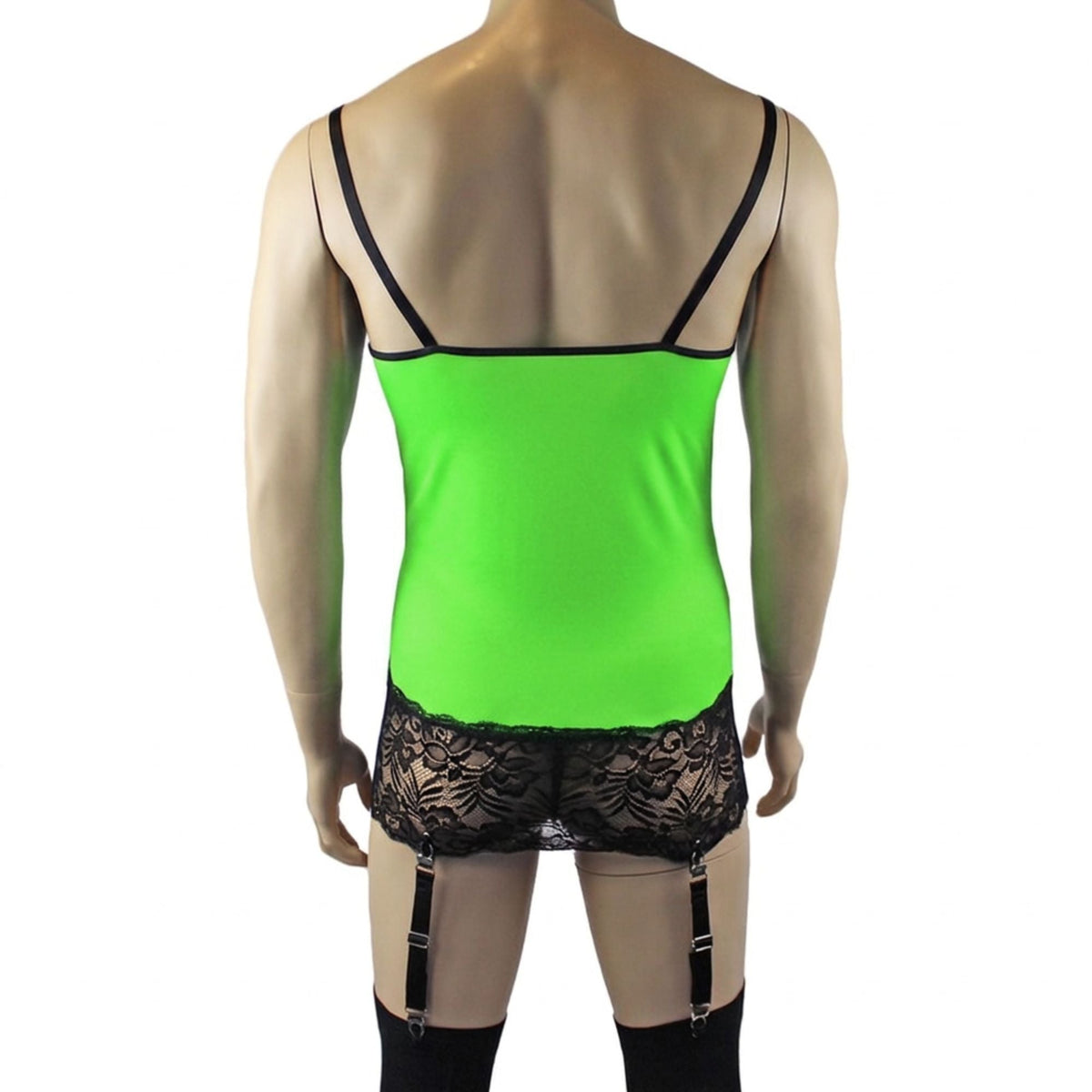 Mens Risque Camisole Mini Dress Chemise, G string & Stockings Neon Green & Black