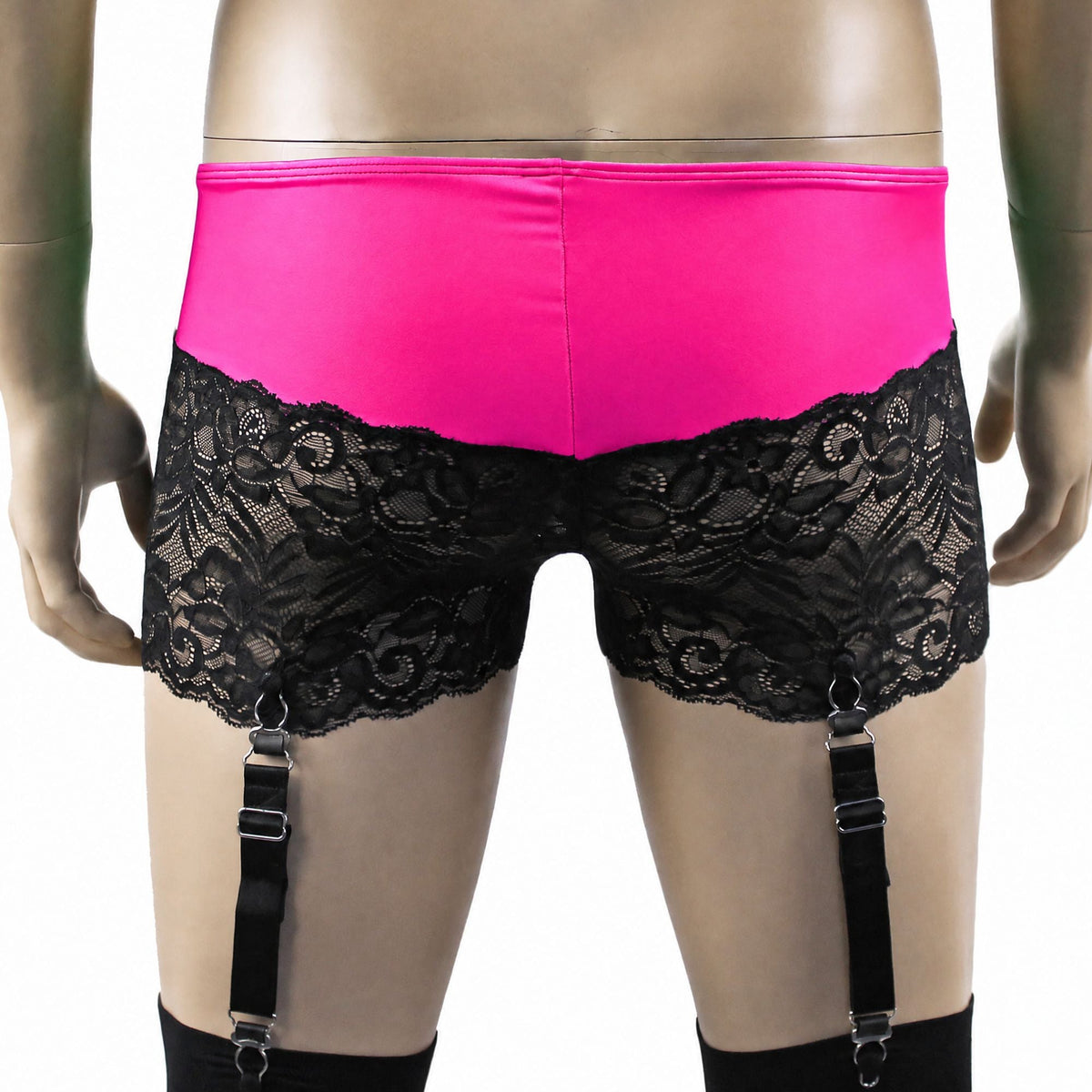 Mens Risque Bra Top, Boxer Briefs with Detachable Garters & Stockings Neon Pink & Black Lace