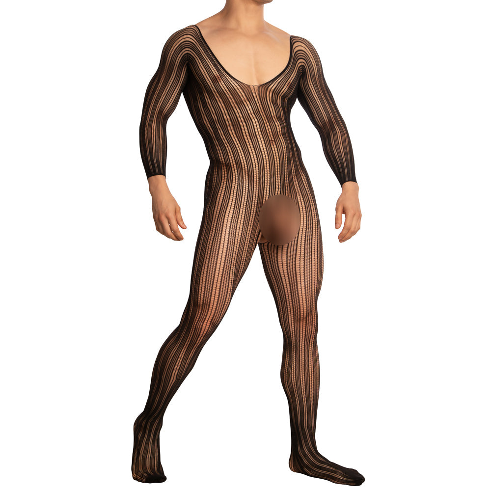 JCSTK - Unisex Stretch Pinstripe Fishnet Bodystocking with Sleeves Black