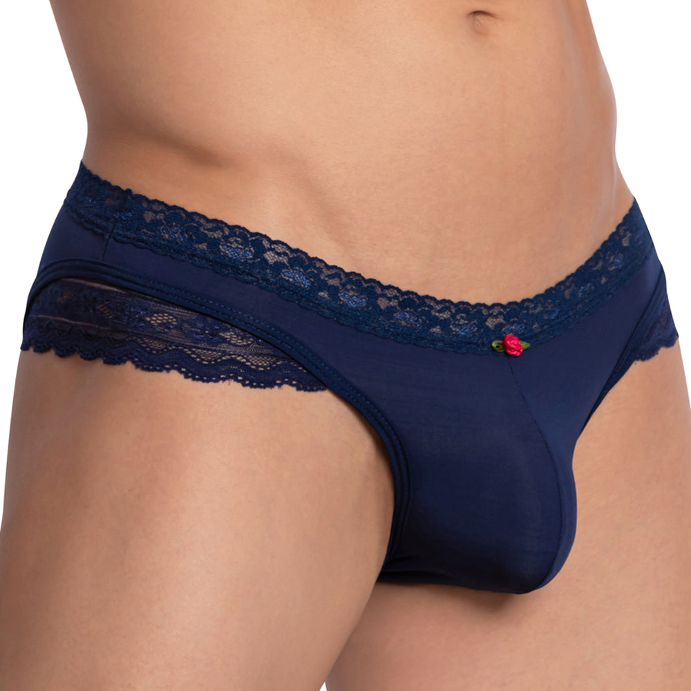 JCSTK - Secret Male SMI062 Lacy Sides Overlay Solid Bikini Mens Lingerie Navy