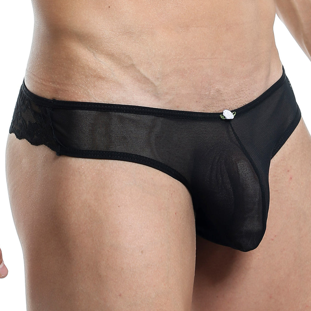 Mens Secret Male Underwear Mesh and Lace Thong Black
