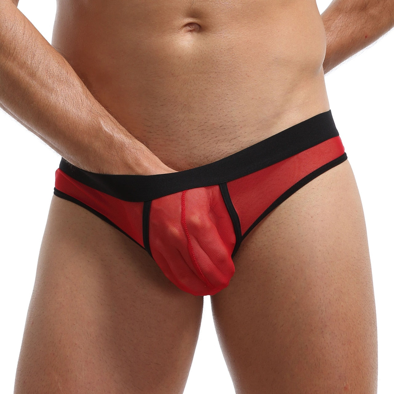 Mens Stretch Polyamide and Spandex Mesh Thong Red