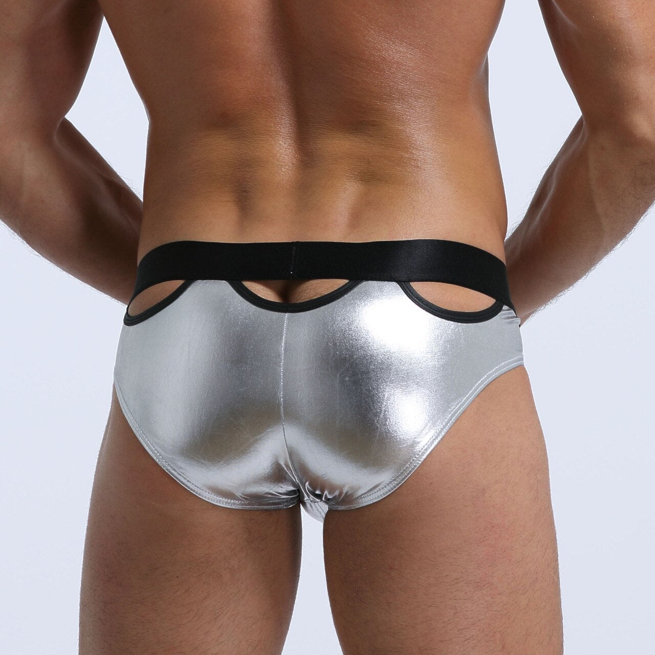 SALE - Mens Stretch Shiny Metallic Bikini Briefs with Peep Holes Silver