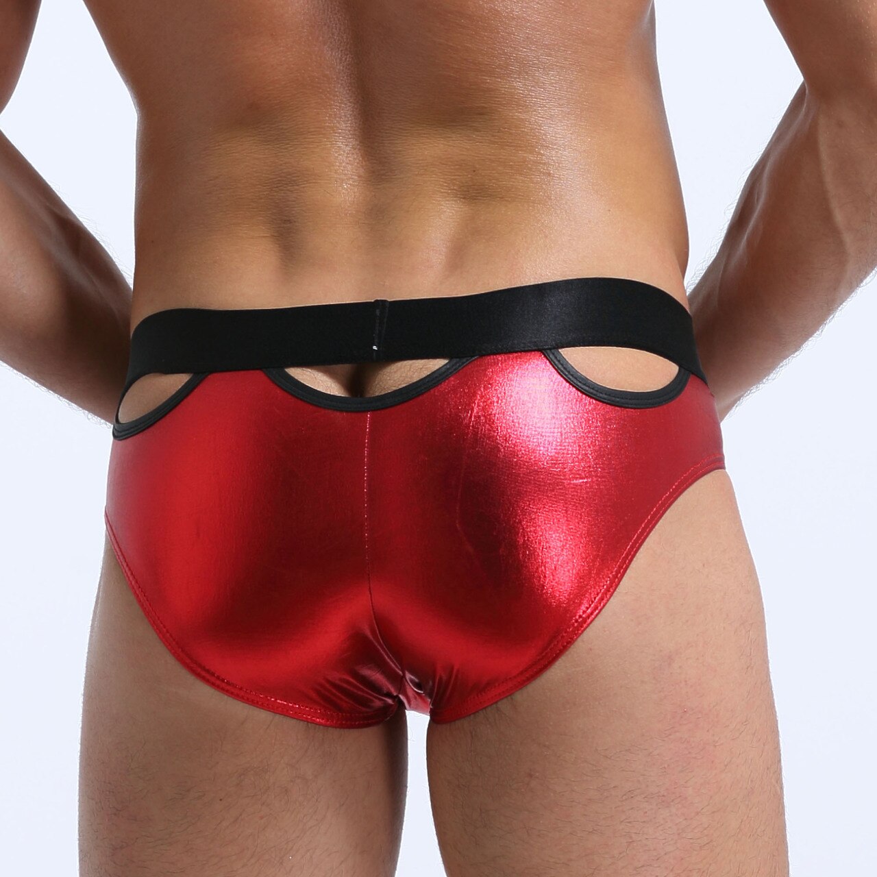 SALE - Mens Stretch Shiny Metallic Bikini Briefs with Peep Holes Red