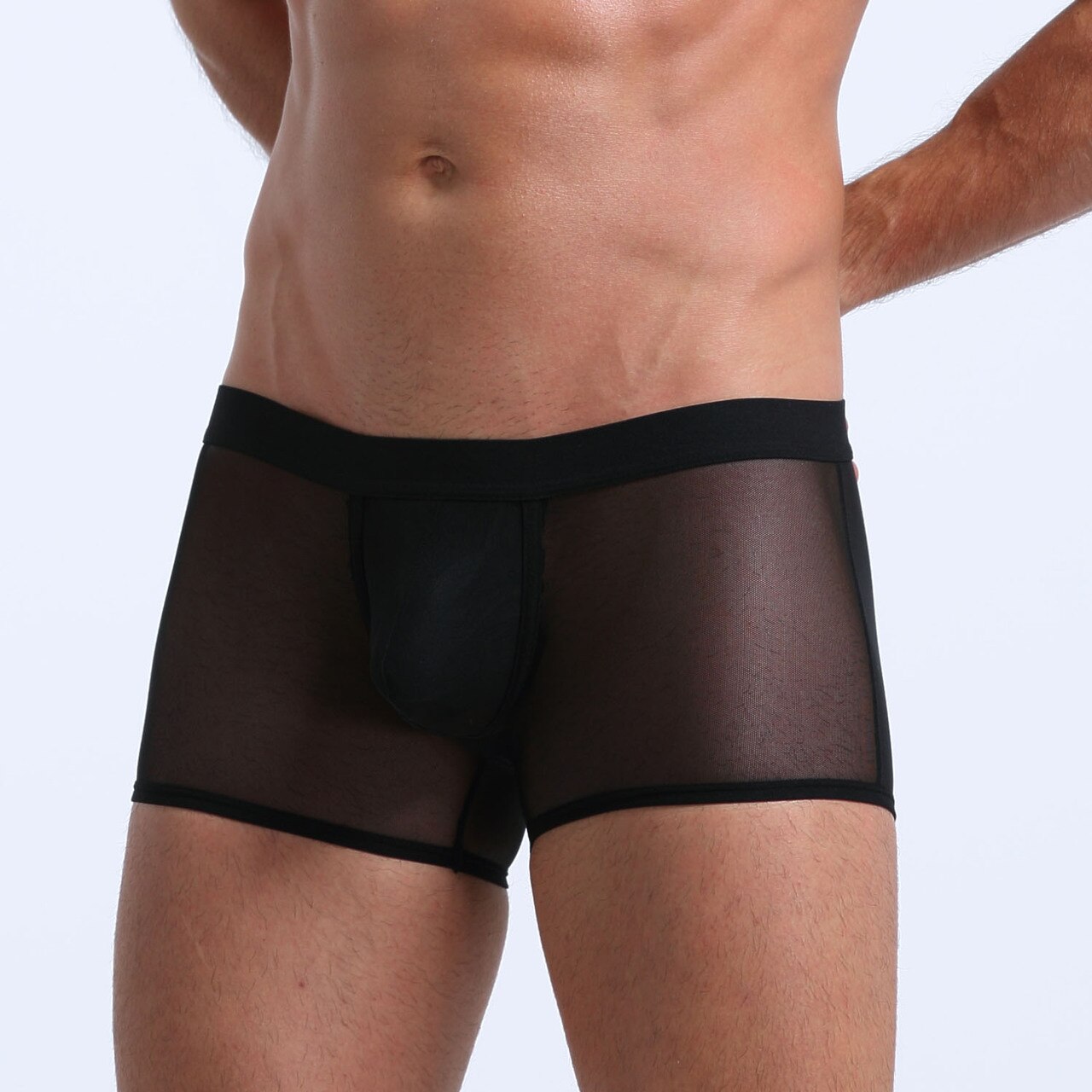 Mens Stretch Mesh Sheer Boxer Briefs with Pouch Front Black