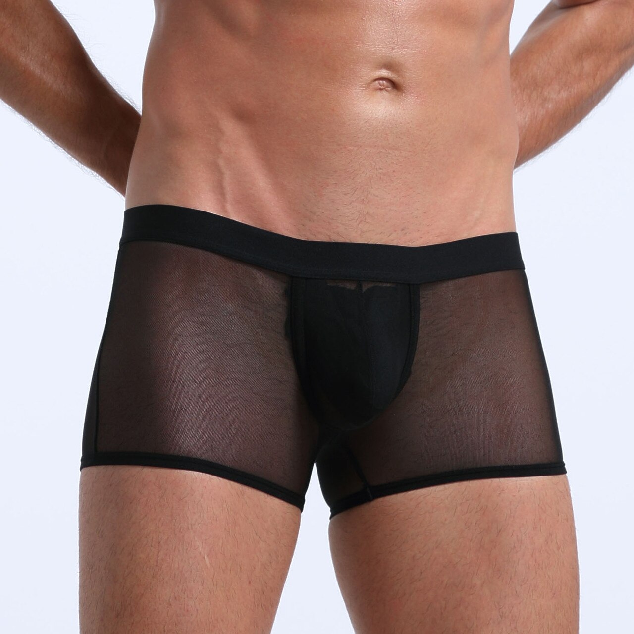 Mens Stretch Mesh Sheer Boxer Briefs with Pouch Front Black