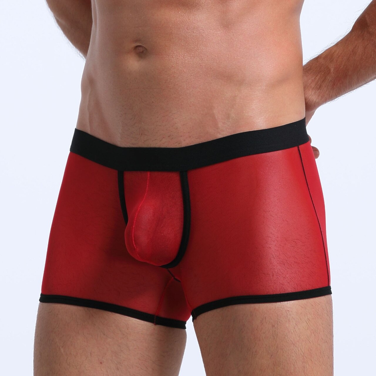 SALE - Mens Stretch Mesh Sheer Boxer Briefs with Pouch Front Red