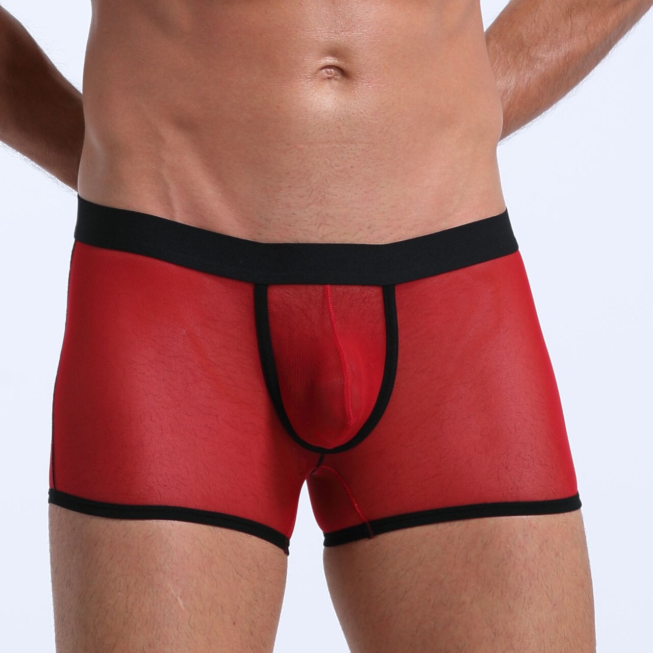 SALE - Mens Stretch Mesh Sheer Boxer Briefs with Pouch Front Red