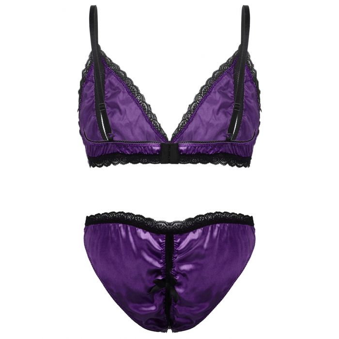 Mens Sissy Peek a Boo Bra Top & Crotchless Panty Briefs Dark Violet