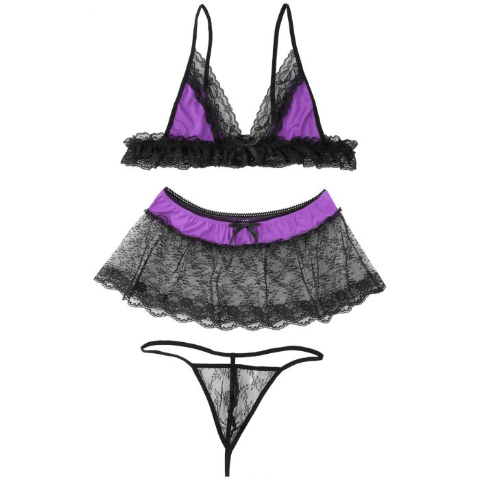 Sissy Lingerie Men Sleepwear Bra Top, G string and See-through Mini Skirt Purple