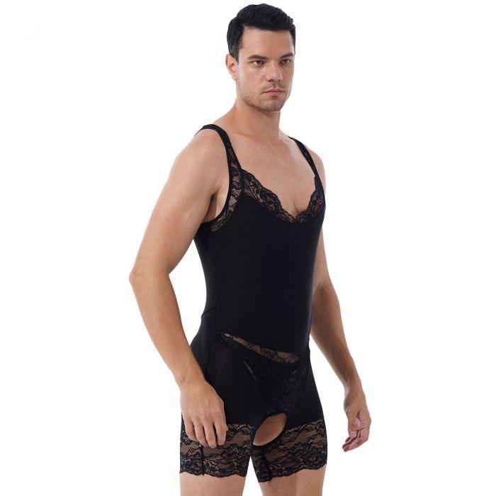 Mens Sexy Lace & Sheer Scoop Neck Bodysuit