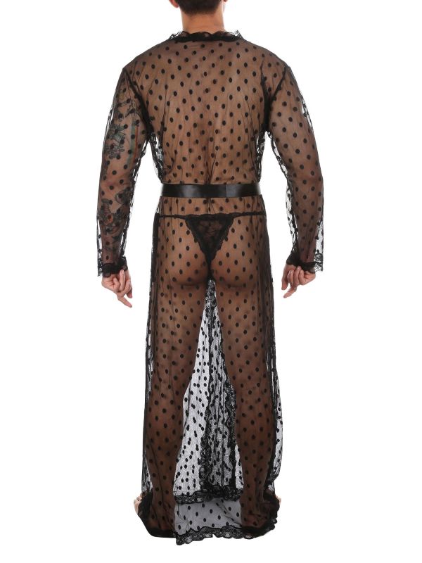 Mens Sissy Polka Dot Long Robe Black