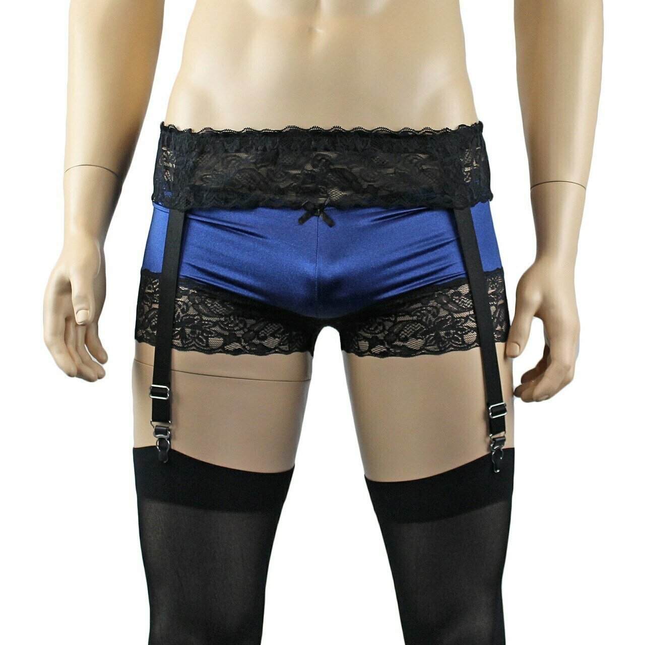 Mens Glamour Lycra & Lace Bra Top, Boxer Brief Shorts with Garterbelt & Stockings
