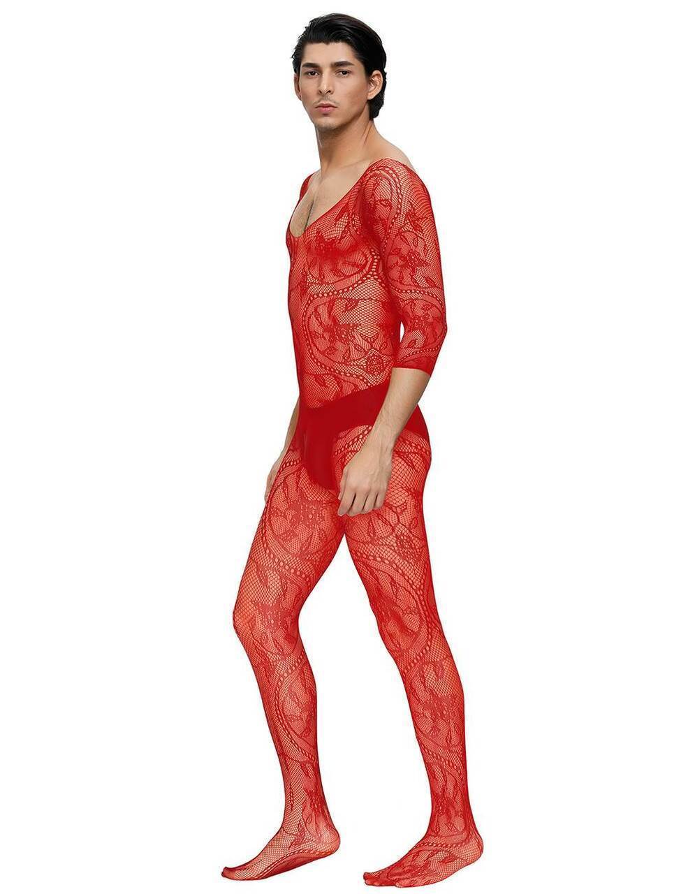 Mens Lingerie Floral Swirl Bodystocking with Sleeves Red