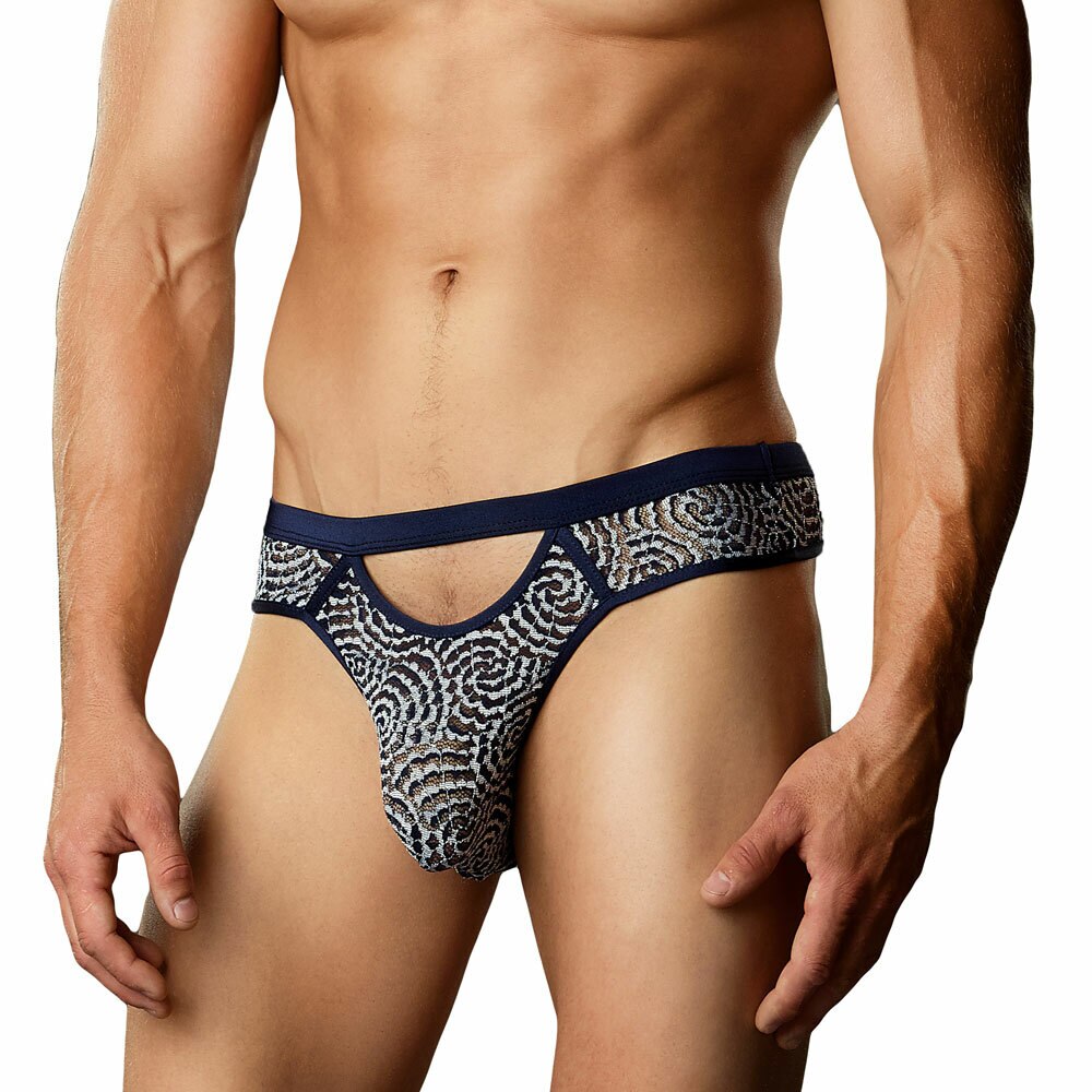 Navy Swirl Lace Thong with Cutout Front