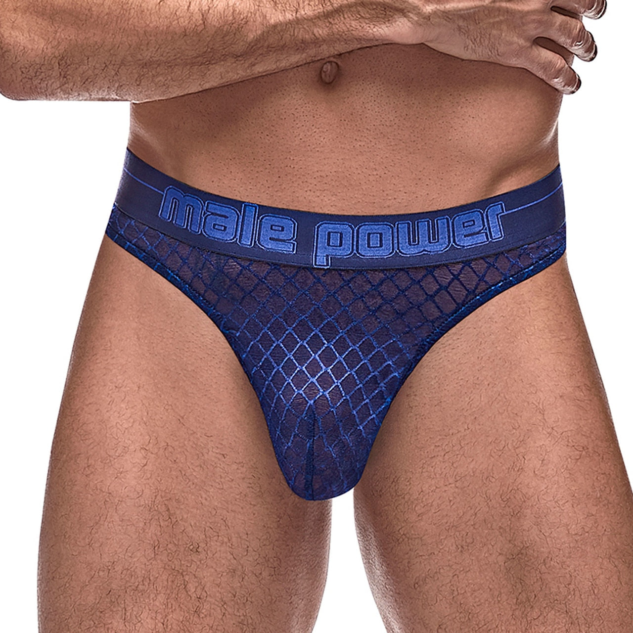 Mens Male Power Sheer Diamond Mesh Thong Navy