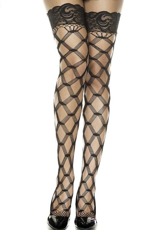 Unisex Large Fence Net Stockings with Lace Top Black