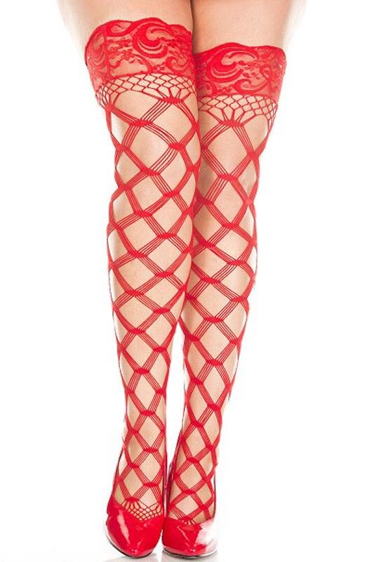 Unisex Large Fence Net Stockings with Lace Top Red