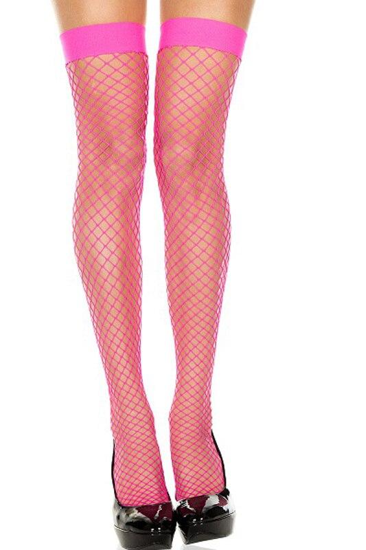 Unisex Spandex Diamond Net Thigh High Stockings with Band Top Hot Pink