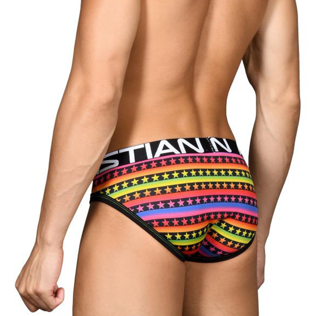 Mens Andrew Christian Sunset Star Rainbow Stripe Brief w/ Almost Naked
