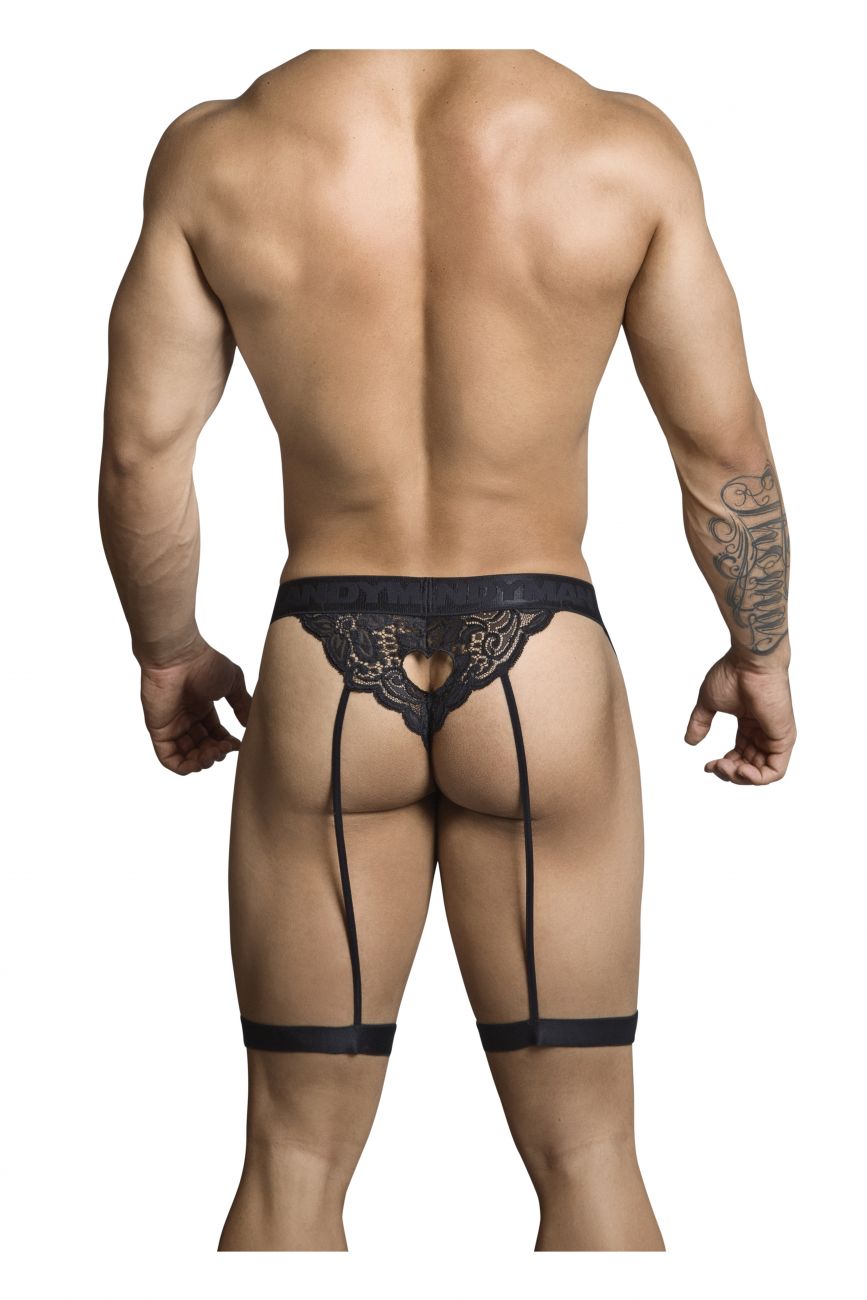 CandyMan 99310 Thong with Attached Garters Black