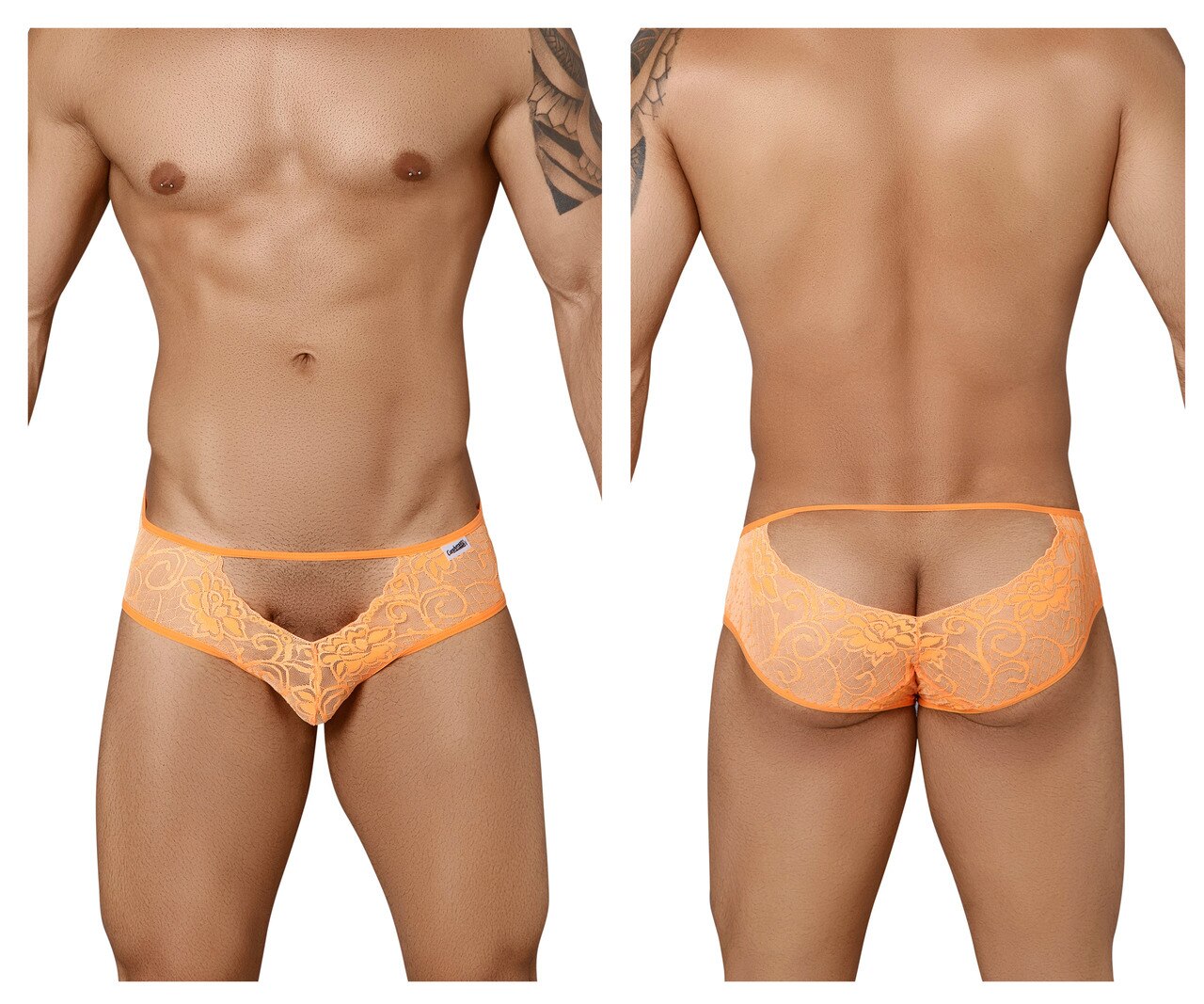 Mens Lace Open Front Open Back Briefs Orange