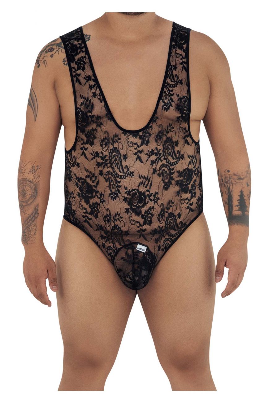 CandyMan 99380X Lace Bodysuit Black Plus Sizes