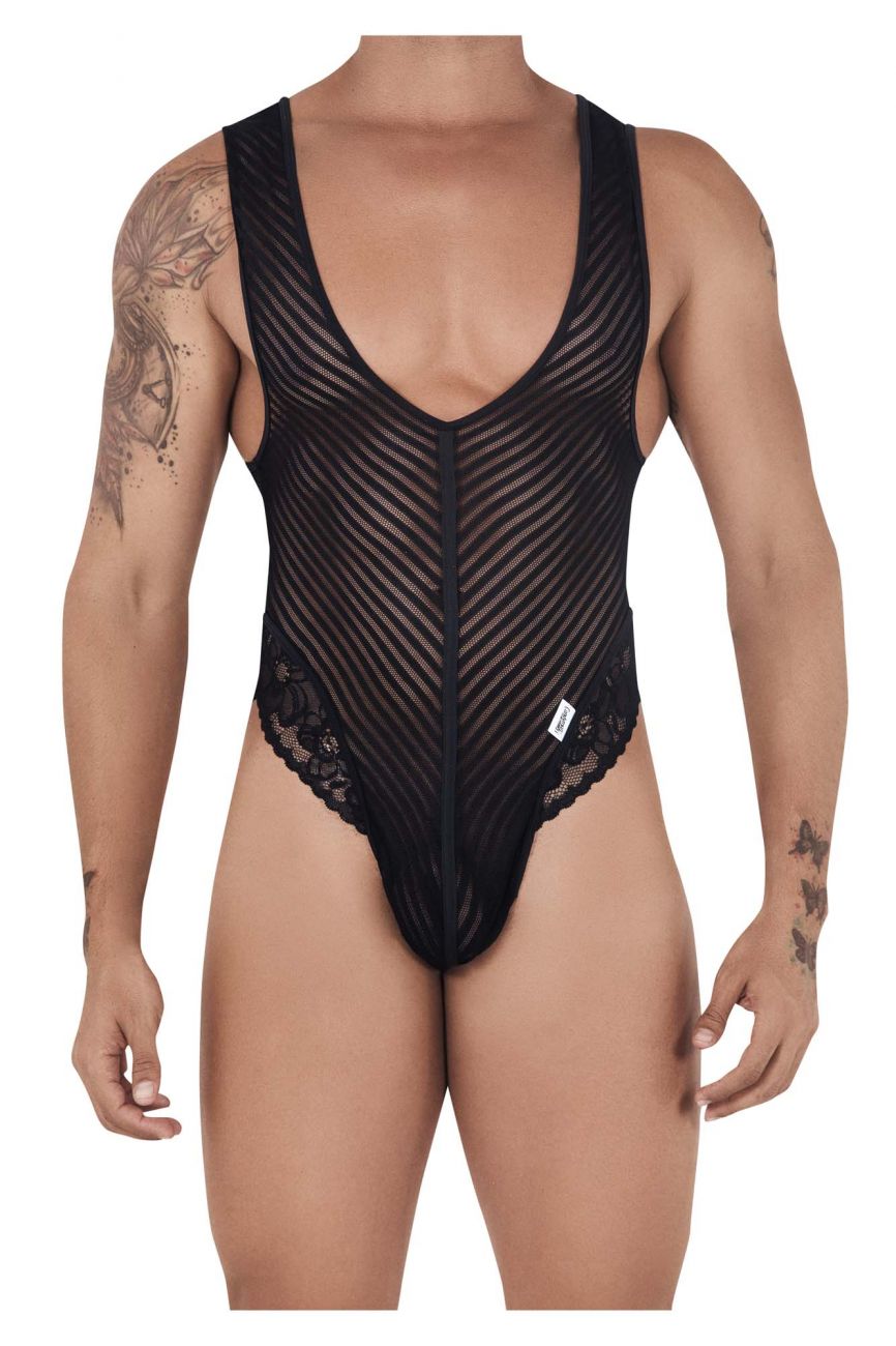 CandyMan 99522 Lace-Mesh Bodysuit Thong Black