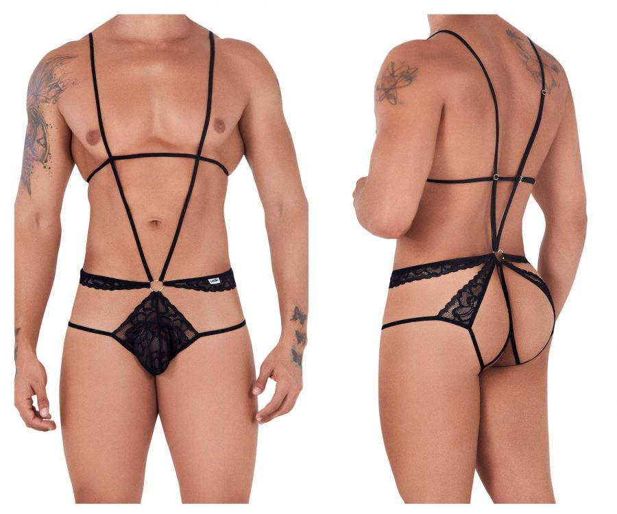 CandyMan 99523 Lace Bodysuit Jockstrap Black