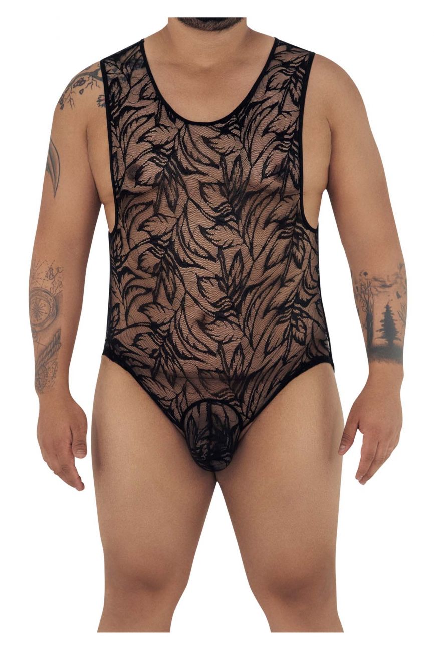 CandyMan 99531X Lace Exposed Butt Bodysuit Black Plus Sizes