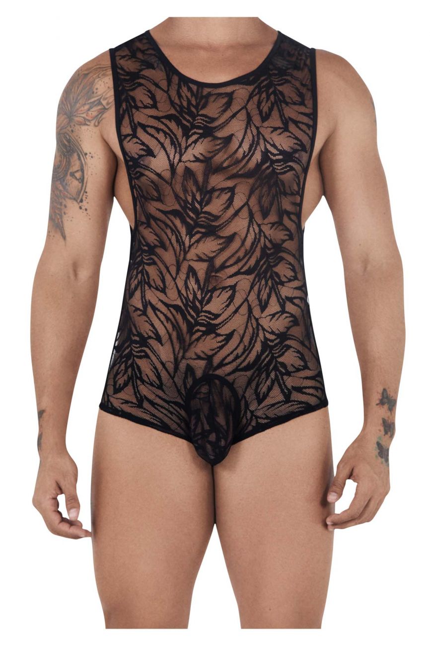 CandyMan 99531 Lace Bodysuit Exposed Butt Black