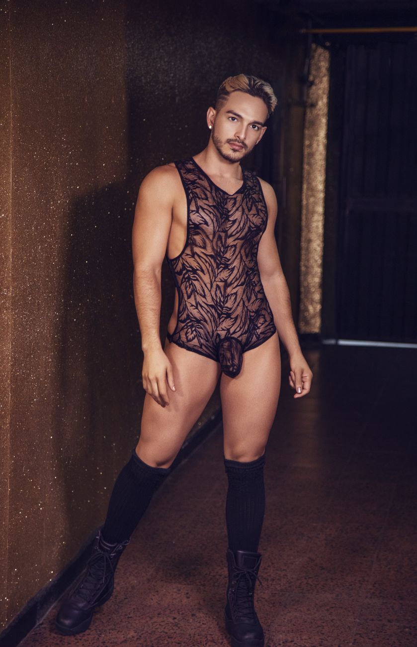 CandyMan 99531 Lace Bodysuit Exposed Butt Black