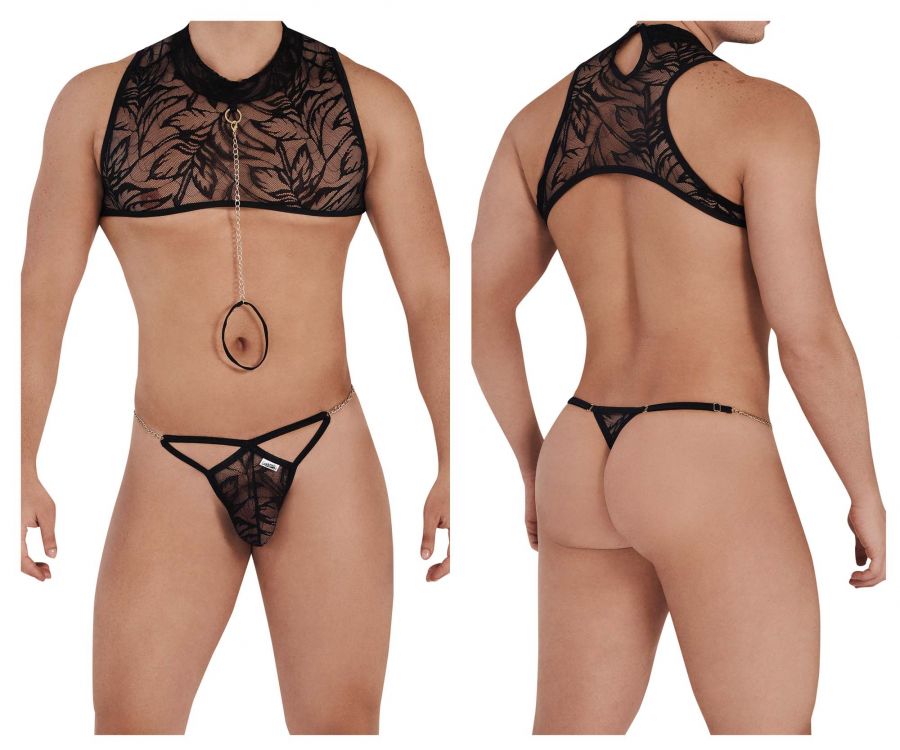CandyMan 99552 Lace Harness-Thongs Outfit Black