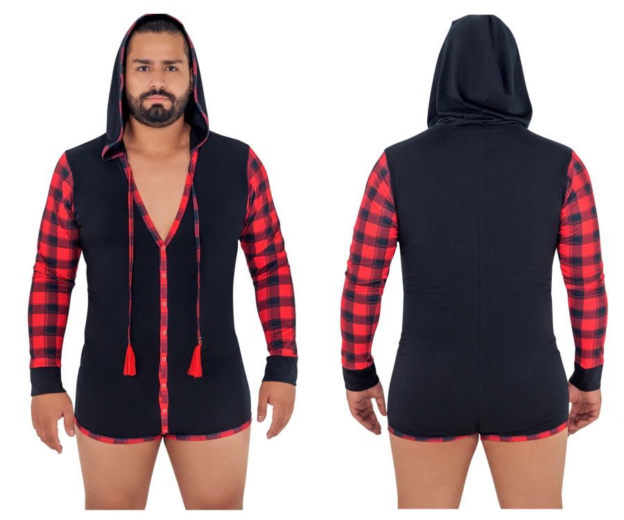 CandyMan 99575X Hoodie Bodysuit Black & Red Plus Sizes