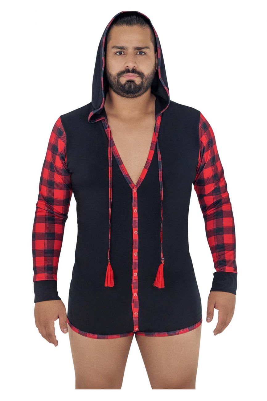 CandyMan 99575X Hoodie Bodysuit Black & Red Plus Sizes